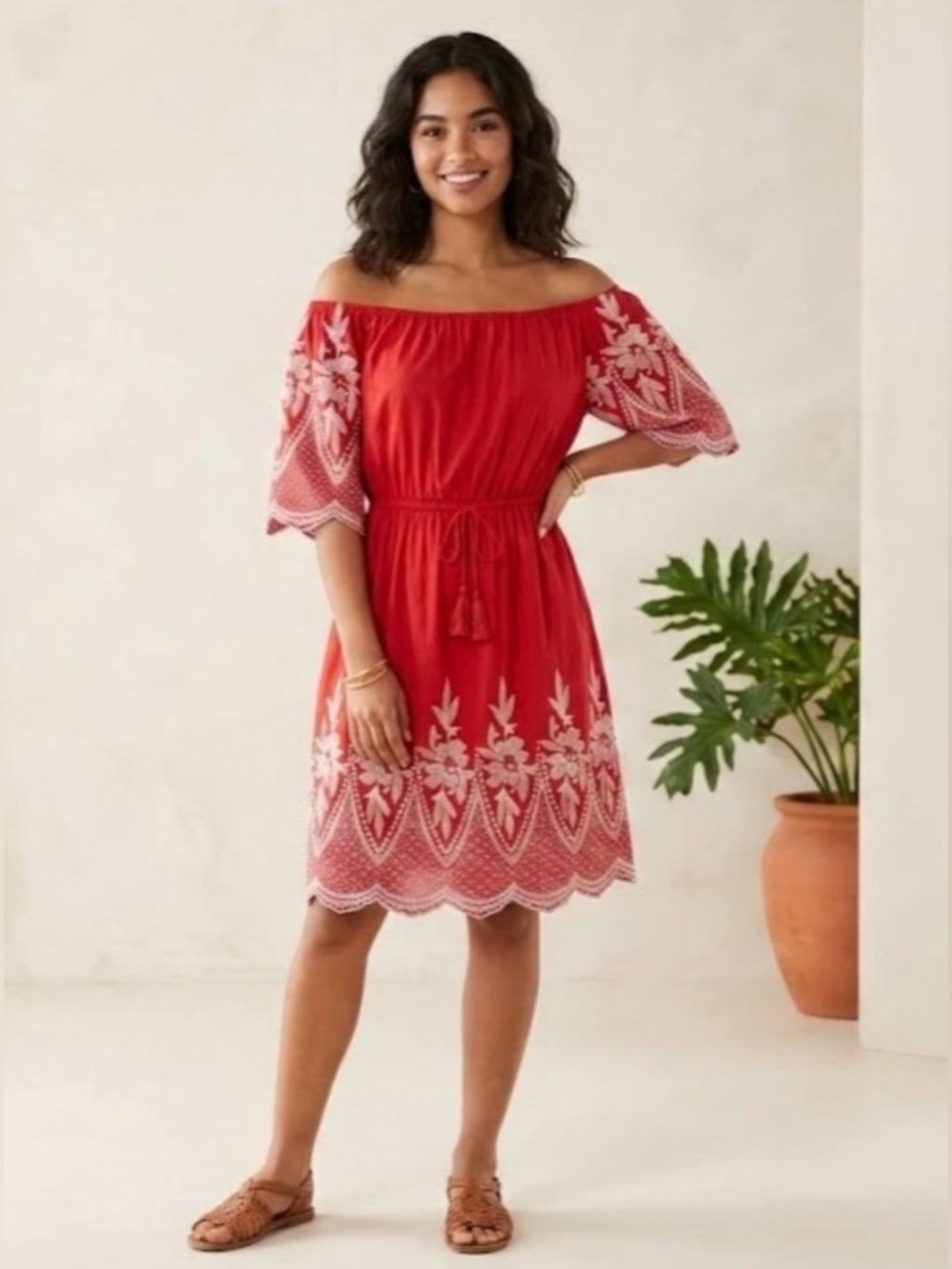 Anthropologie Kindred Red Cotton Embroidered Dress Scallop Spanish Style S/M